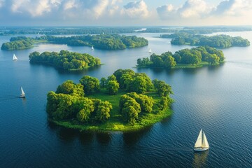 Lush islands dot a serene lake landscape.