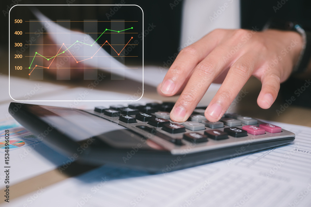 Poster businessman or accountants using calculator to analyze business report graphs and finance charts at 