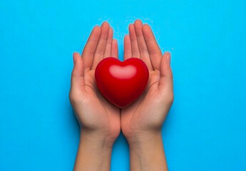 Fototapeta premium An image of a pair of hands gently holding a bright red heart on a soft light blue background, symbolizing love, care, healthcare, compassion, and community support,