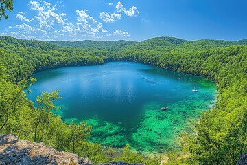Panoramic view of a serene, crystal-clear lake nestled in a lush forest.
