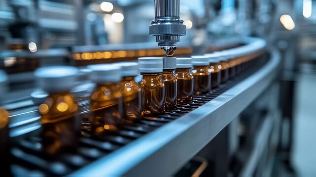 Automated pharmaceutical filling line with vials moving on a conveyor belt