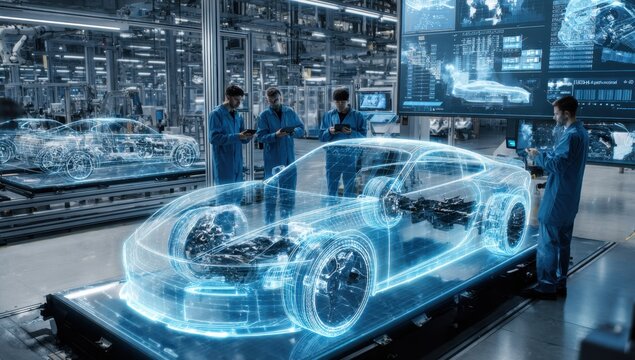 Futuristic Blue Car Design Hologram in Auto Factory