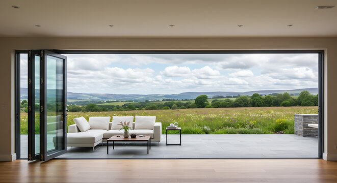 Fototapeta A breathtaking view from a modern living space looking out through wide-open bifold glass doors onto a patio and a stunning rural landscape. 