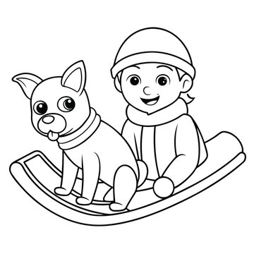 A child in Lifestyle  hat  hat  smiles  Smiling  sitting People  next  on  to  a  the  Animals  Animals  dog  Travel  on  on  winter  the  sleigh