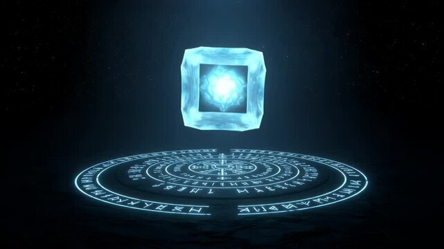 Floating, glowing cube on mystical, illuminated circle
