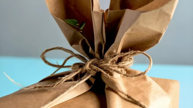 Kraft paper wrapped gift tied with twine displayed with delicate baby's breath and a single brown egg