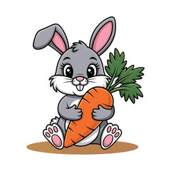 Cute Cartoon Bunny Holding Big Carrot Sitting on Ground.