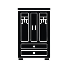 Black and white vector illustration of a modern furniture set with shelves for home interior design wardrobe almirah cupboard silhouette icon