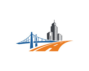 Obraz premium A modern logo combining city skyline, bridge, and road elements, ideal for construction, transportation, or urban development branding.