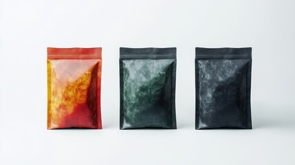 Three colorful, resealable pouches with a minimalist design stand side by side against a white background.