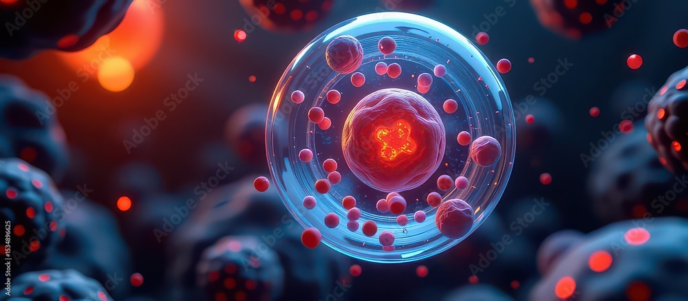 Poster longevity science concept. abstract representation of a cell with vibrant colors and details.