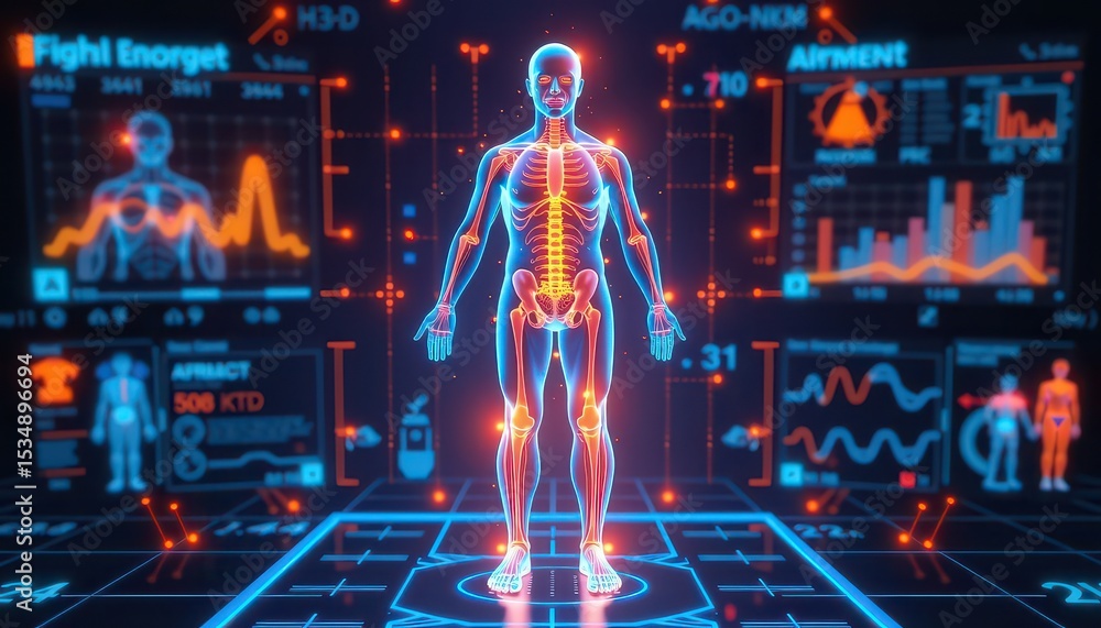 Poster longevity science concept. futuristic digital human anatomy with dynamic data visualizations.