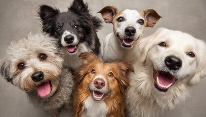 Happy Dogs Smiling Together, Upward View on Gray Background