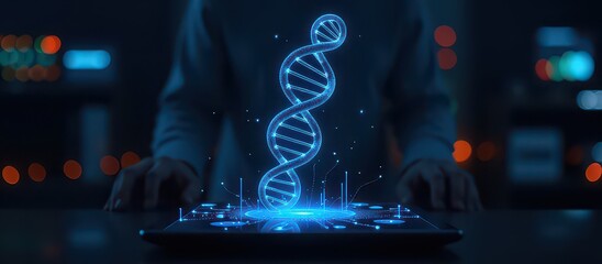 Longevity science concept. Futuristic DNA visualization with digital technology at night.