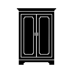 An antique wooden door opens into a room showcasing both vintage and modern furniture, including a classic mirror and a stylish wardrobe  almirah cupboard silhouette icon