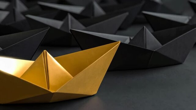 Unique golden paper boat stands out among many black origami vessels, illustrating leadership, individuality, and success in a business environment.