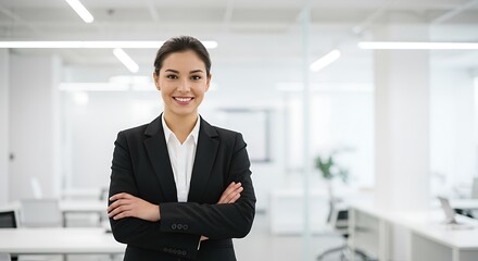 Confidently smiling young businesswoman in a suit, a portrait of professional success in the office
