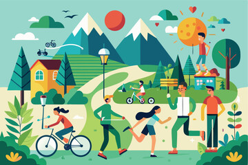 Obraz premium Families and friends enjoying a vibrant day outdoors in a scenic park with mountains and sunshine