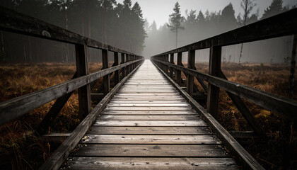 Naklejka premium Lonely Wooden Bridge Into the Mist