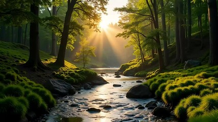 Serene Sunrise over a Tranquil Forest Stream A picturesque landscape of sunlit trees and lush green vegetation along a calm river reflecting golden light