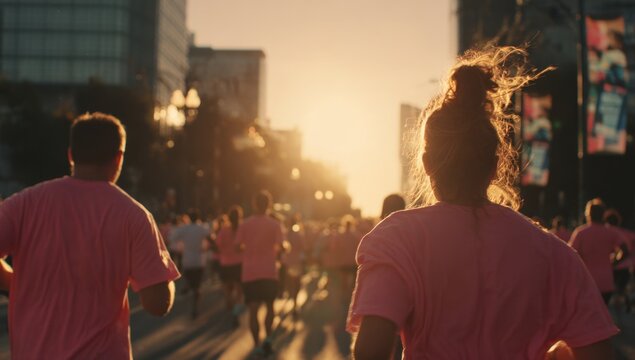 Crowd Runs City Race at Sunset in Pink Shirts