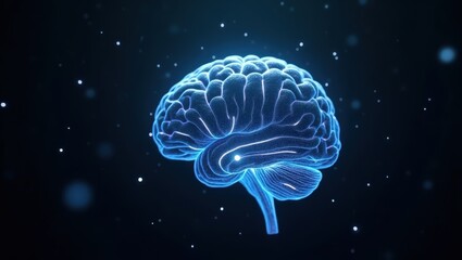 Futuristic 3D rendering of a human brain with abstract neural network lines and data points on a black background.