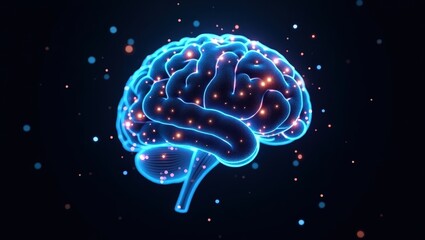 Futuristic 3D rendering of a human brain with abstract neural network lines and data points on a black background.