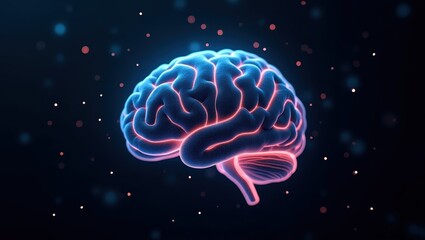 Futuristic 3D rendering of a human brain with abstract neural network lines and data points on a black background.
