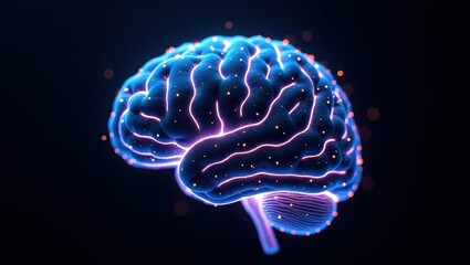 Futuristic 3D rendering of a human brain with abstract neural network lines and data points on a black background.