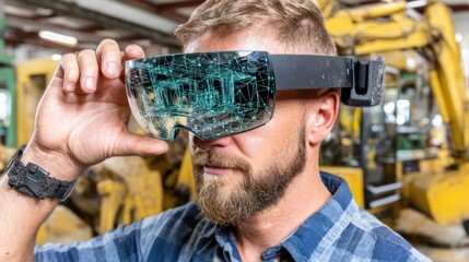 Augmented Vision in the Workshop: A skilled worker dons augmented reality glasses, revealing a digital overlay within an industrial workshop setting, merging physical and virtual realities. 