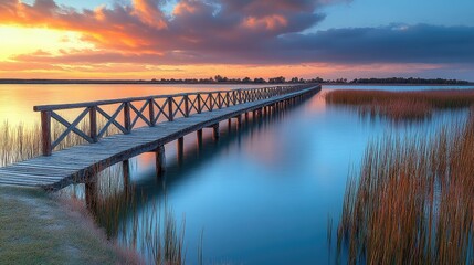 Fototapeta premium Tranquil wooden bridge over serene lake at sunrise