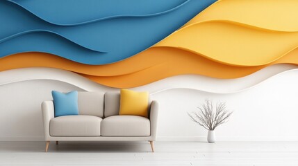 A modern living room with a beige sofa, colorful pillows, abstract wave wall art, and a minimalist vase on a light wooden floor.