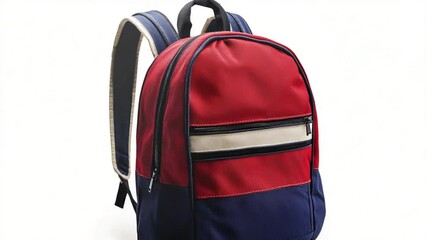 A vibrant red and navy blue backpack displayed against a plain white background, ideal for school use - Powered by Adobe