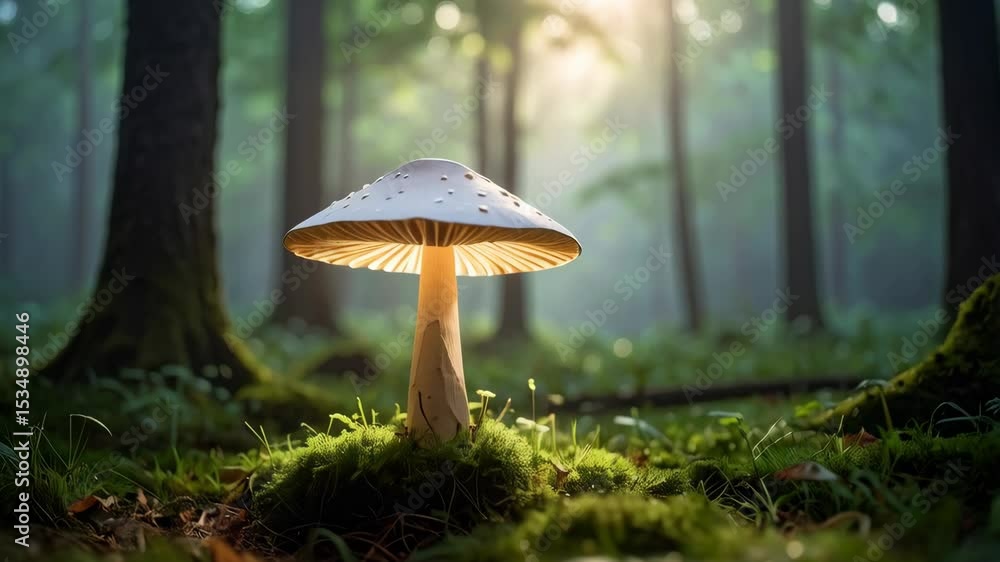 Poster glowing mushroom illuminated in the forest with the soft background light shining through the trees 
