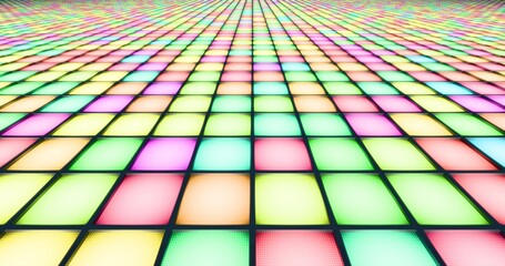 Futuristic glowing multicolor led floor background. Shining tiled plane in perspective. 3D rendering.