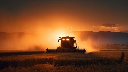 Naklejka premium Combine Harvester Working in Golden Grain Field at Sunset