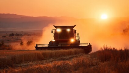 Fototapeta premium Combine Harvester Harvesting Golden Wheat Field at Sunset