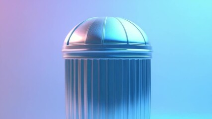 A modern, sleek trash can illuminated with blue and pink lighting, set against a soft gradient backdrop - Powered by Adobe
