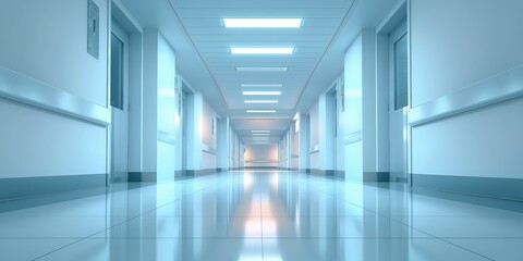 Obraz premium A clean, modern hospital corridor with polished floors, blue walls, and bright lighting, extending into the distance.