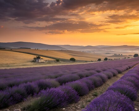 lavender field at sunset Lavender Fields and Rolling Hills at Sunset" - Powered by Adobe