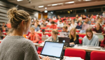 Female Professor Lecturing to Students with Laptops in Lecture Hall
