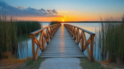 Obraz premium Wooden boardwalk bridge at sunset over tranquil lake. 