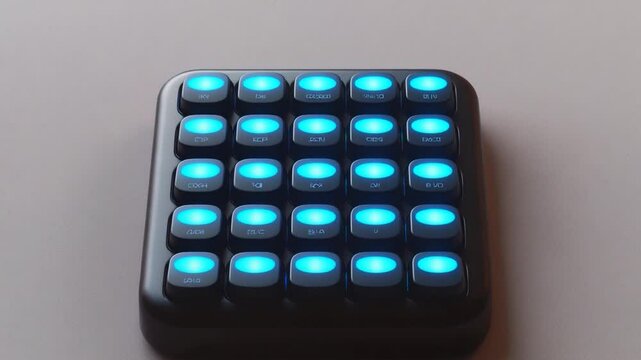 Illuminated control panel with blue buttons arranged in a grid, showcasing technology in action