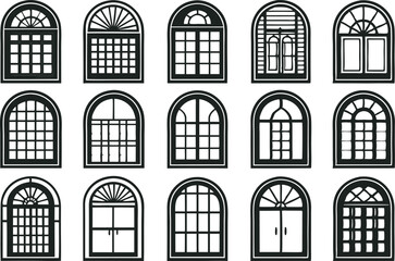 Fototapeta premium This collection of black and white image showcase window design, including arched, rectangular, and multi-pane styles