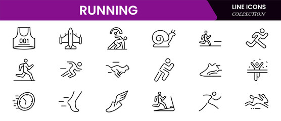Dynamic vector web line icons showcasing running, athletic gear, speed, endurance, and fitness for an active, healthy lifestyle.