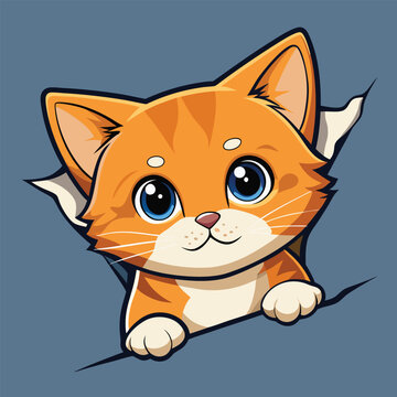 A cute orange cartoon cat peeking through torn paper with big eyes