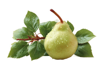 [Transparent Background PNG]Fresh Green Pear with Dew Drops and Leaves