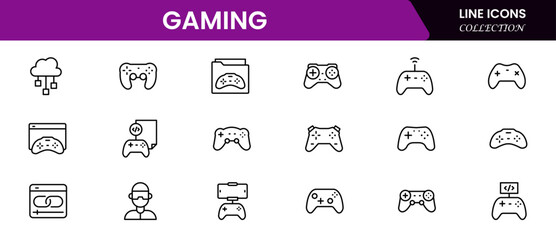 Vibrant vector web line icons showcasing gaming, controllers, virtual worlds, e-sports, and immersive digital entertainment experiences. © oneflock