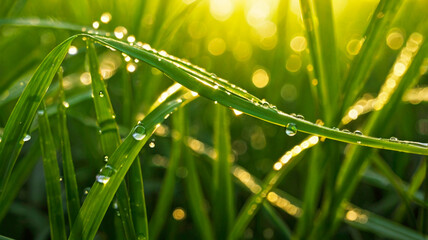 macro photo of rice leaves with yellowish sunlight dew droplets