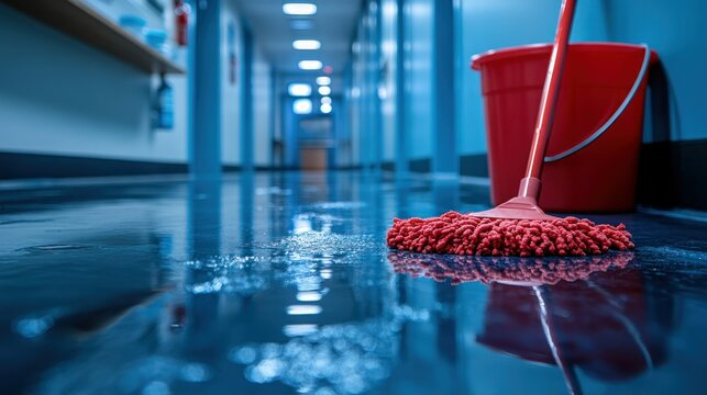 Flooded hallway, cleaning supplies